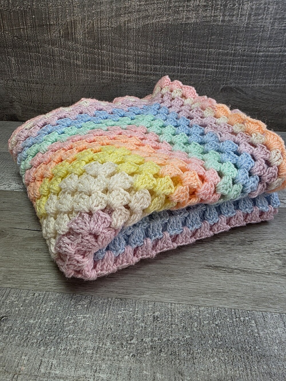 Baby Blanket Crocheted Throw Pastel Rainbow Pink Blue Purple 36x40" Nursery g63